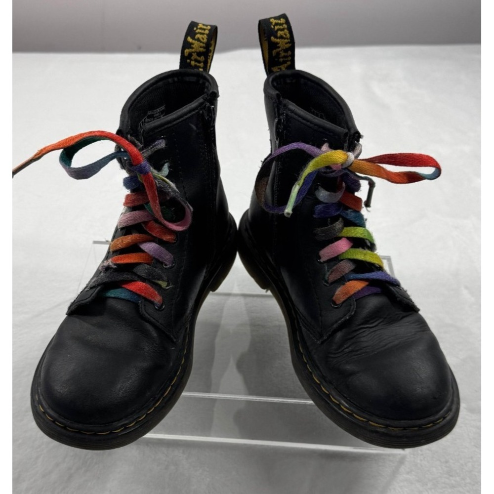 Dr. Martens Pascal Rainbow Stitch Combat Boots Kids Black Leather Lace Up Size 2